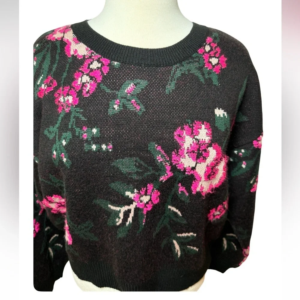 Maeve by Anthropologie Black with Pink Floral Knit Sweater-Size M